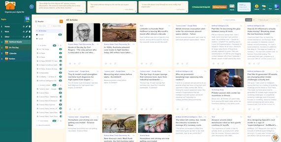 TabNook Reader — a full-screen RSS reader with folders, article list, and reading pane
